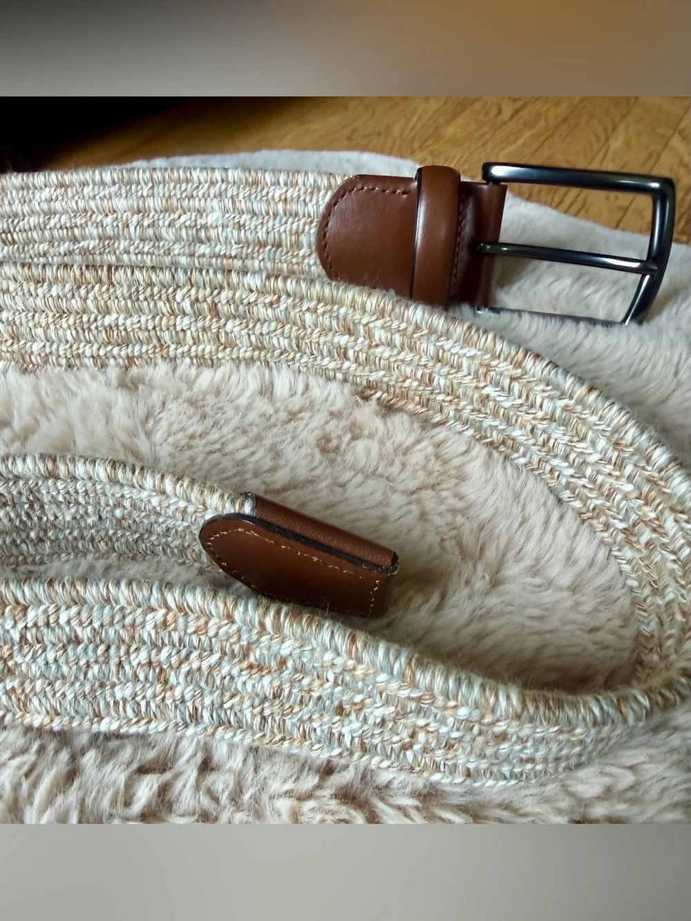 Roundtree & Yorke Men’s Woven Stretch Belt Beige Brown Leather Size 44